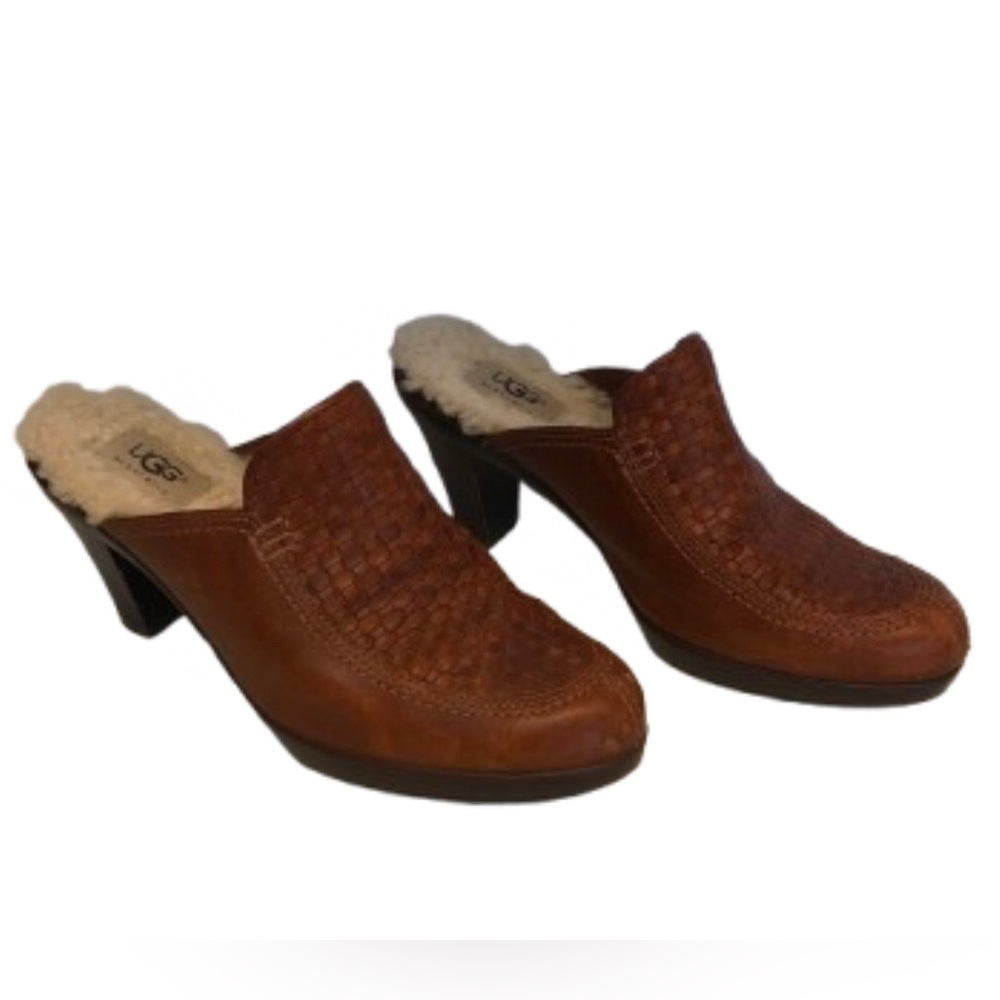 UGG AUSTRALIA WOVEN LEATHER HIGH HEEL MULES • FUR INSOLES • Sz 7.5